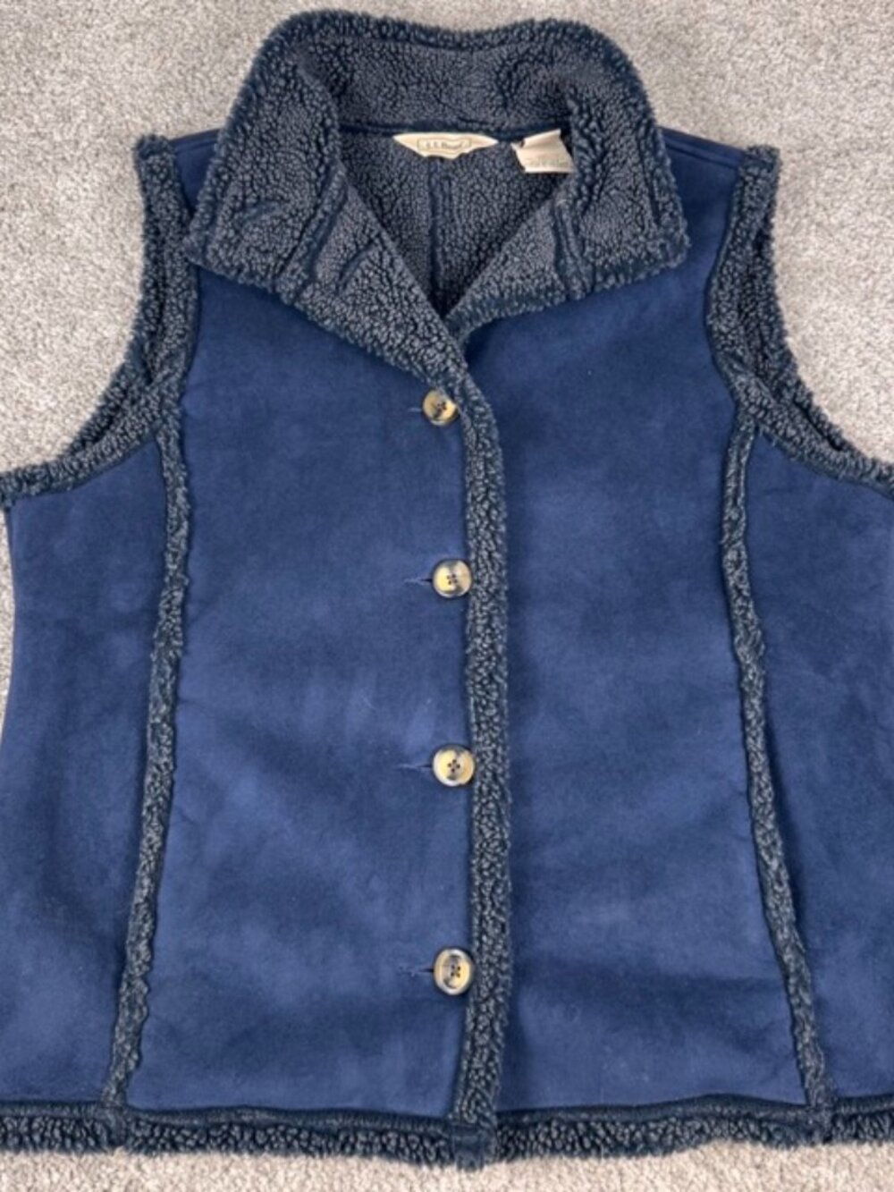 LL Bean Sherpa Fleece Lined Button Vest Blue Shearling Outerwear Sz M 0 BCU3